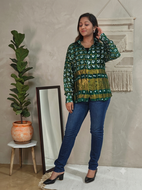 Handmade Bandhani Gharchola Silk Shirt (Green)