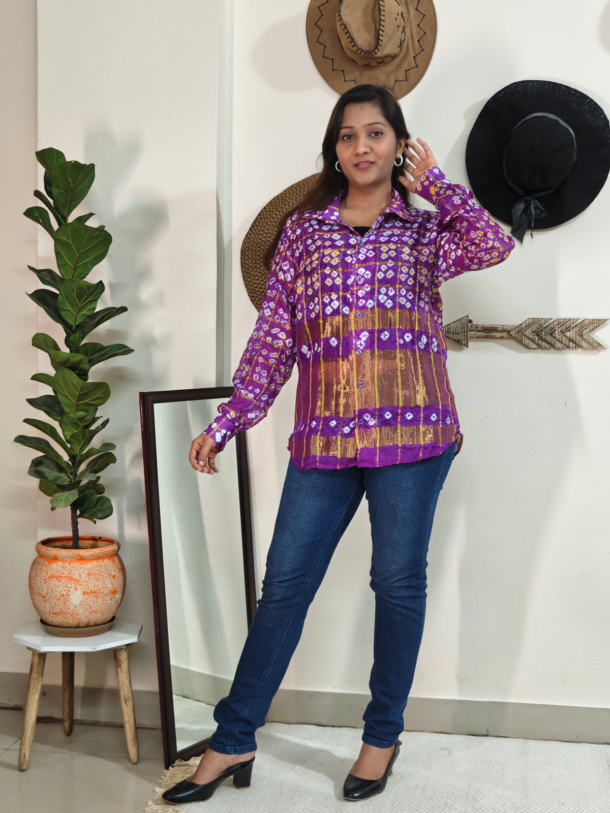 Handmade Bandhani Gharchola Silk Shirt (Purple)