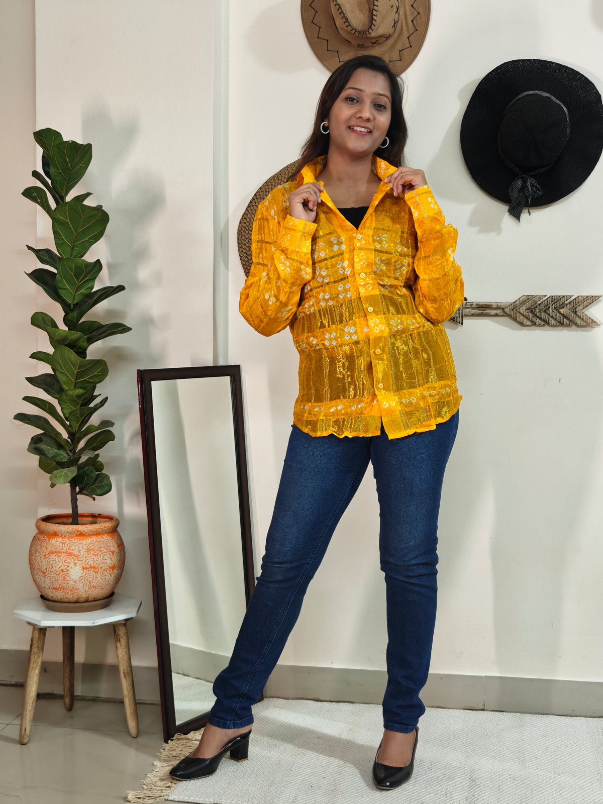 Handmade Bandhani Gharchola Silk Shirt (Yellow)
