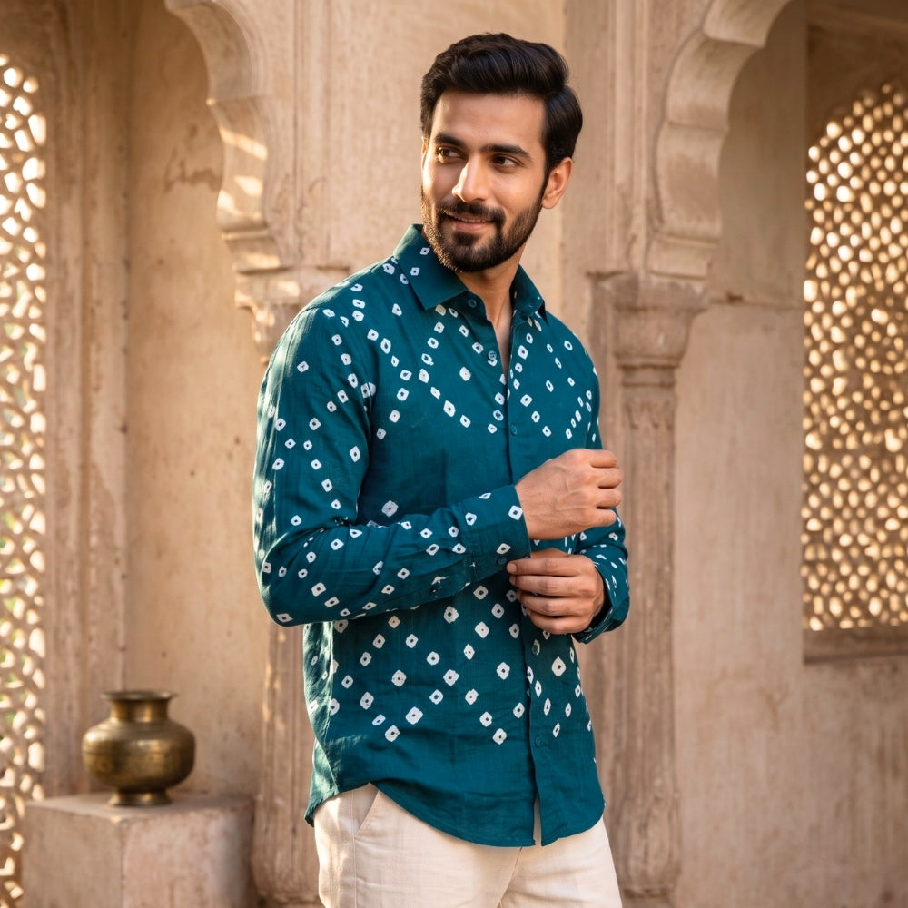 Neel-Hara Handmade Bandhani Shirt (Teal)