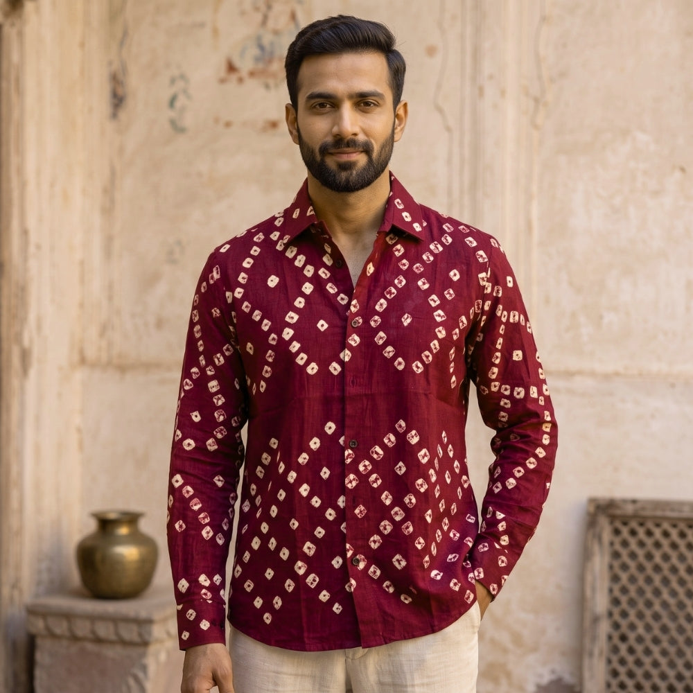 Gehera Laal Handmade Bandhani Shirt (Maroon)
