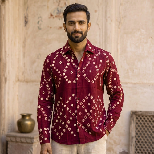 Gehera Laal Handmade Bandhani Shirt (Maroon)