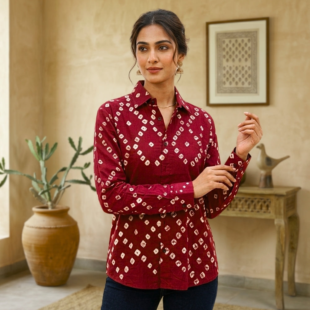 Gehera Laal Handmade Bandhani Shirt (Maroon)