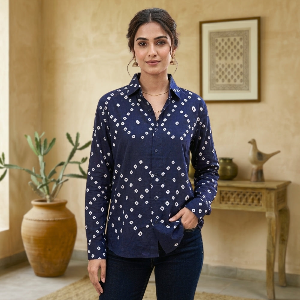 Neela Handmade Bandhani Shirt (Navy Blue)
