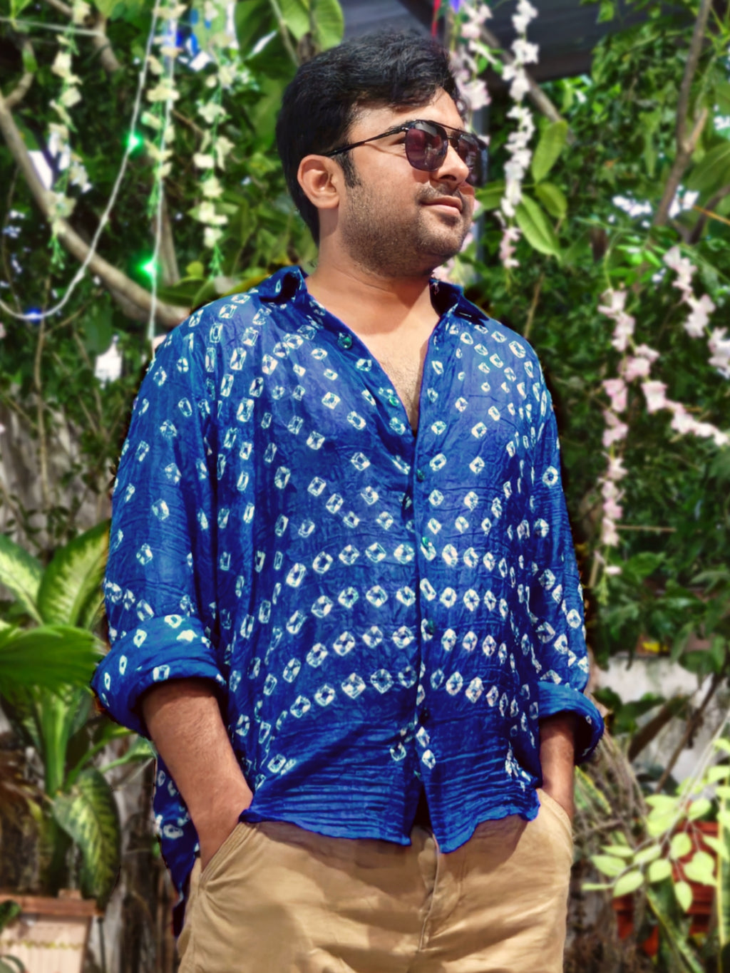 Soft Silk Hand Bandhani Shirt Navy Blue