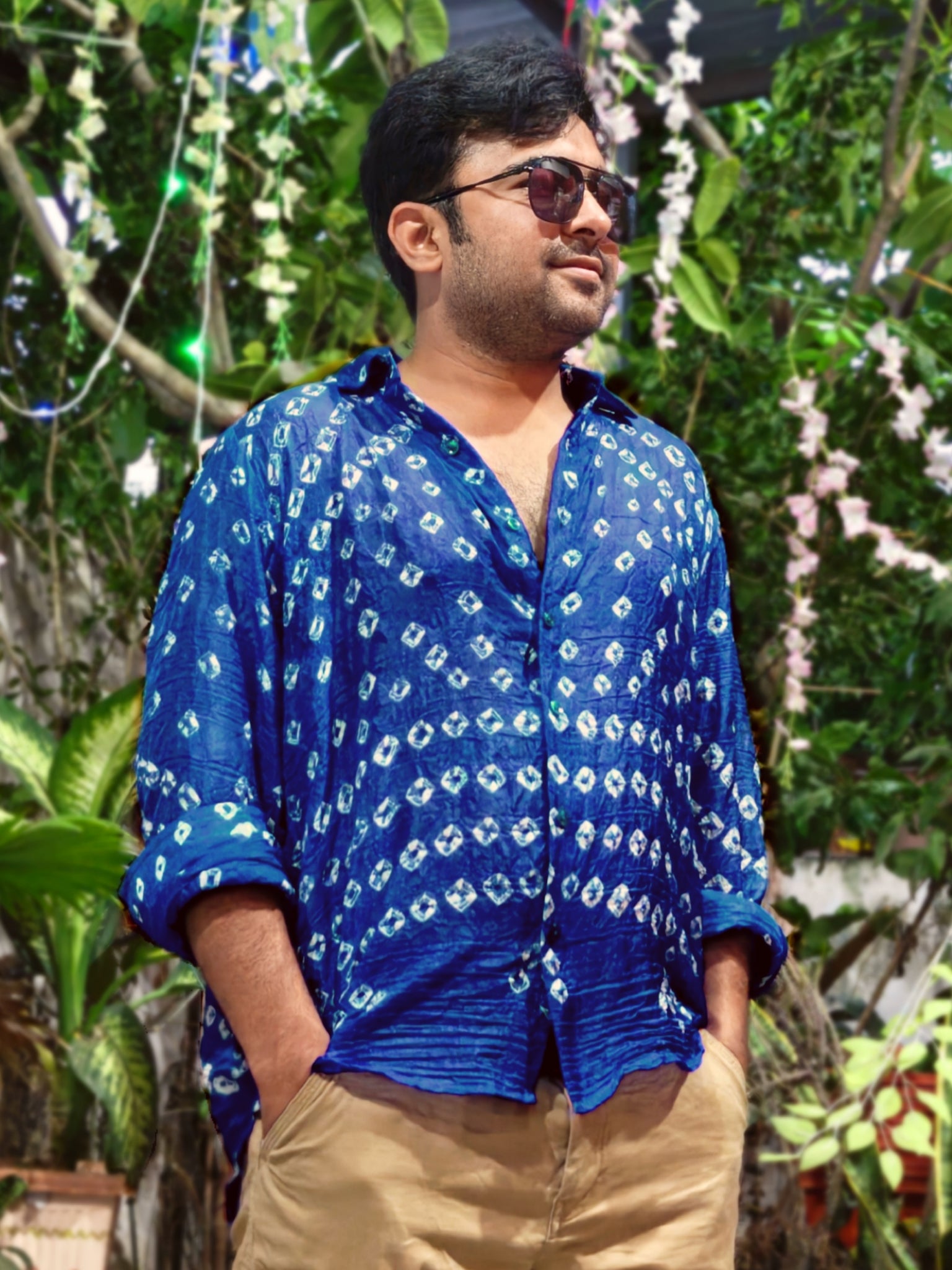 Soft Silk Hand Bandhani Shirt Navy Blue