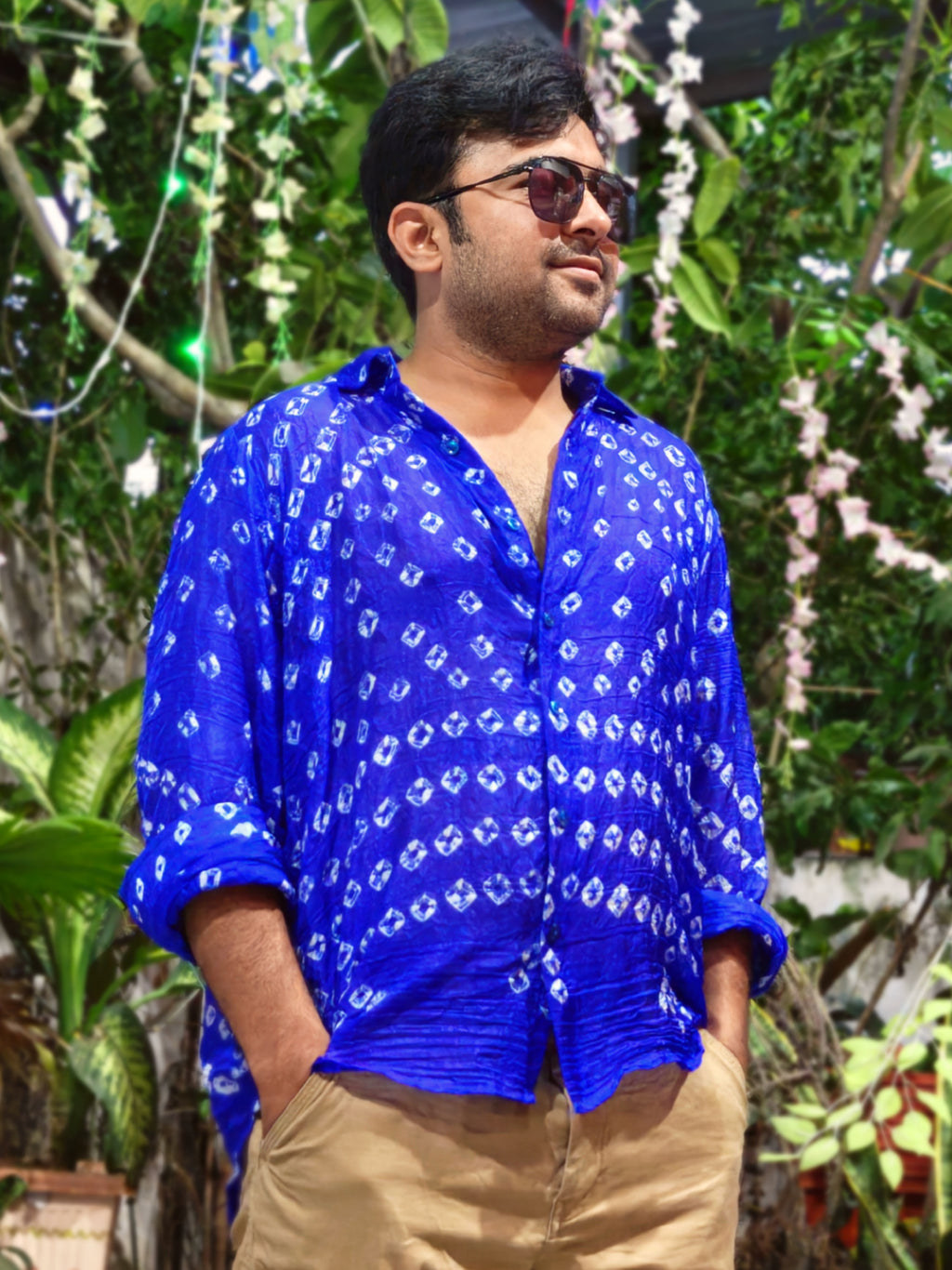 Soft Silk Hand Bandhani Shirt Royal Blue